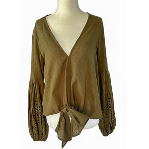 NEW Lovestitch Boho Front Tie V-Neck Long Sleeve Top Womens Size S Olive NWT